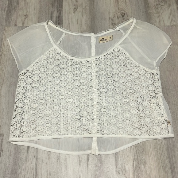 Hollister Tops - Hollister White Crochet Lace Sheer  Crop Short Sleeve Blouse Medium